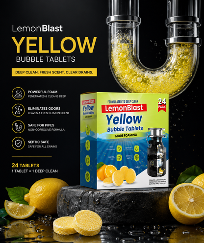 ✨Lemon Blast Yellow Bubble Tablets – Odor Eliminator + Blockage Remover🤩